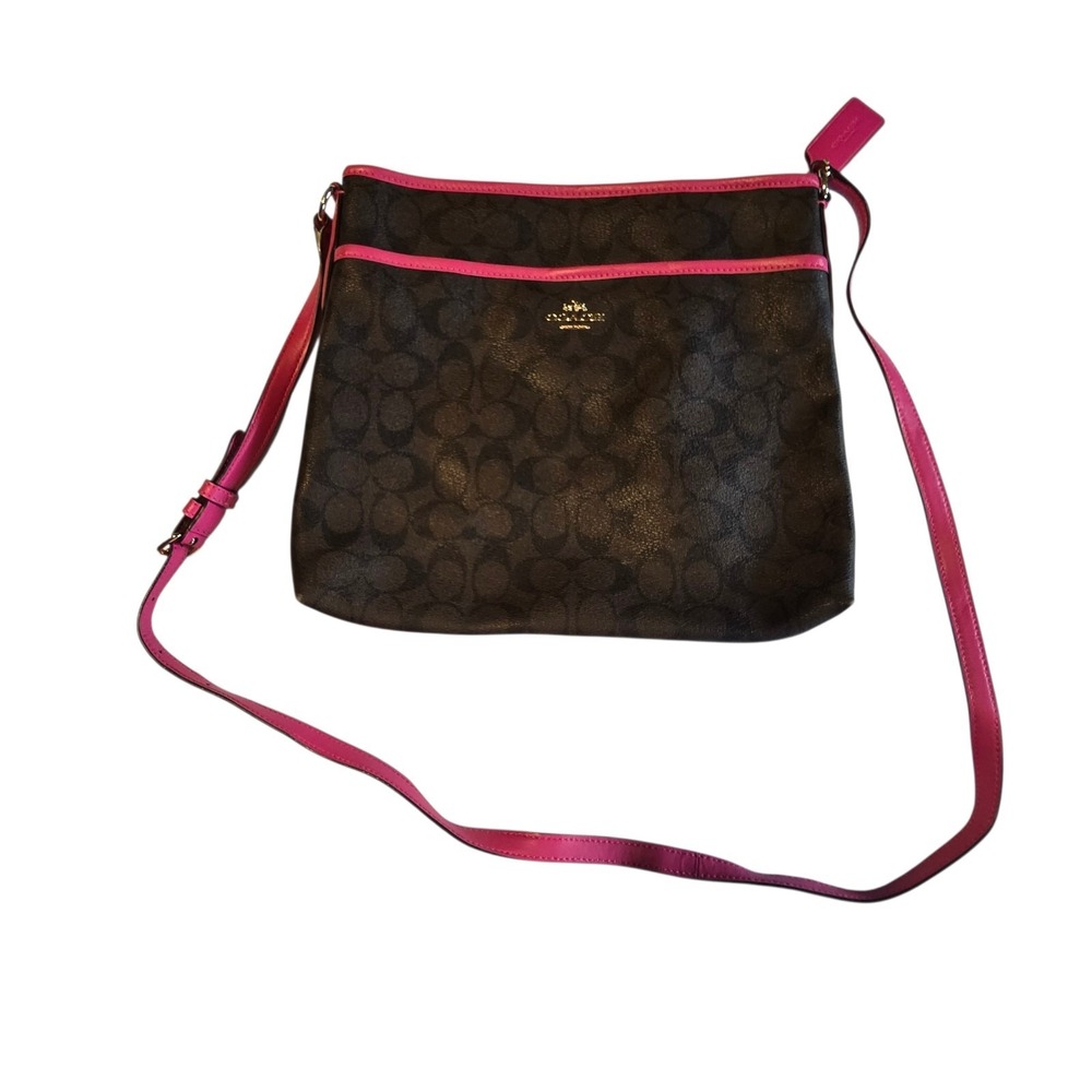 Coach Signature File Bag Brown Black Raspberry Tag Long Strap GUC Pink Interior